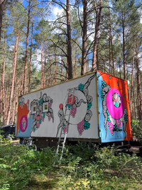 Tiny house partially painted with vibrant colors and patterns