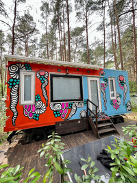 Colorful mural on the tiny house&rsquo;s front side